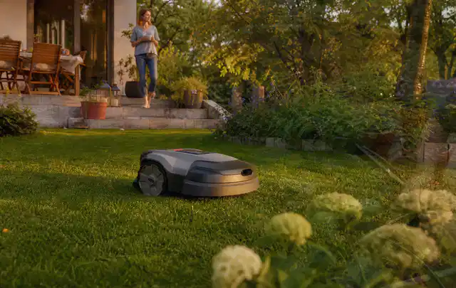 Mähroboter fährt am Abend über einen Rasen im Familiengarten; Thema Mähroboter für kleine Gärten, Schwerpunkt Wartung; Umsetzung.