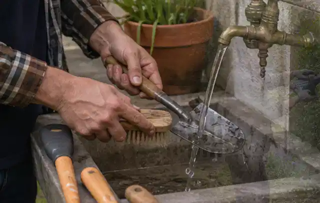 Hände reinigen gebrauchte Gartengeräte mit Bürste und Wasser am Außenbecken; Thema Mähroboter für kleine Gärten, Schwerpunkt Winterlager; Kontrolle.