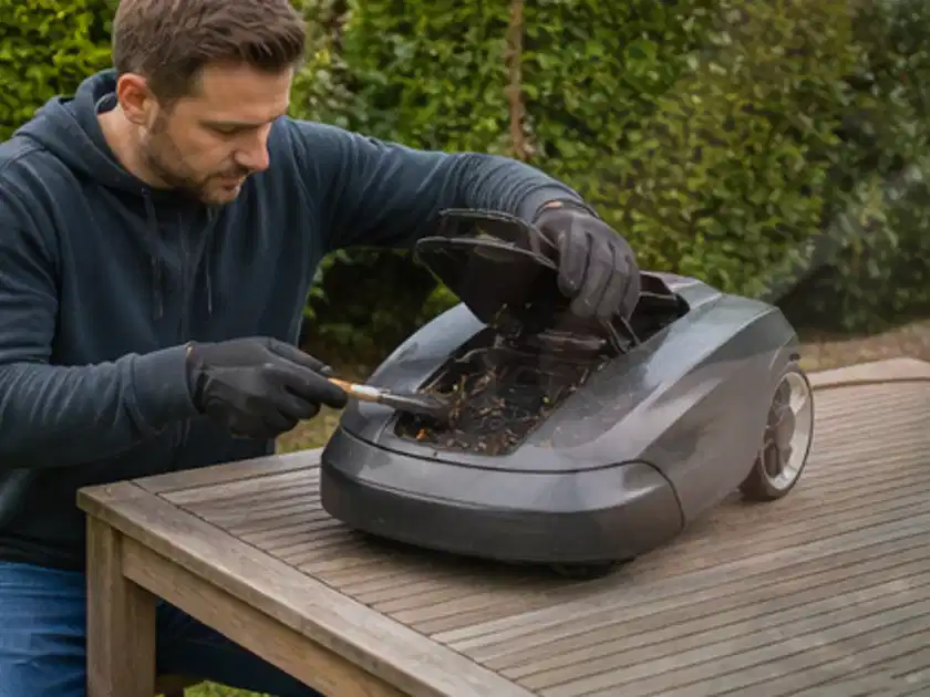 Person wartet einen geöffneten Mähroboter auf einem stabilen Gartentisch; Thema Mähroboter Garagen, Schwerpunkt Bestenliste; Titelbild.
