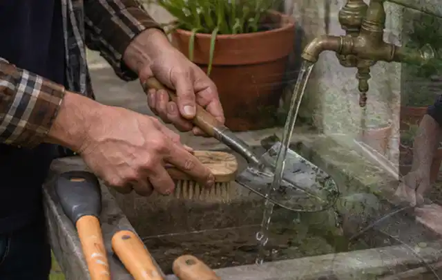 Hände reinigen gebrauchte Gartengeräte mit Bürste und Wasser am Außenbecken; Thema Mähroboter Garagen, Schwerpunkt Dimensionierung; Umsetzung.