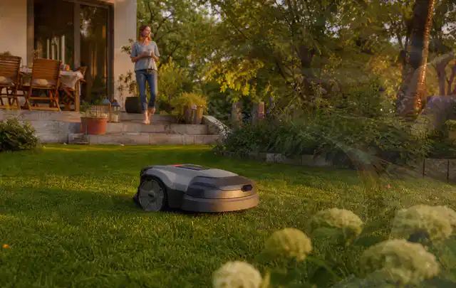 Mähroboter fährt am Abend über einen Rasen im Familiengarten; Thema Mähroboter Garagen, Schwerpunkt Fehlerhilfe; Ausgangslage.