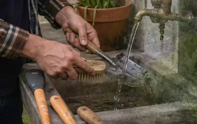 Hände reinigen gebrauchte Gartengeräte mit Bürste und Wasser am Außenbecken; Thema Mähroboter Garagen, Schwerpunkt Nachhaltigkeit; Ausgangslage.