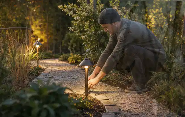 Person richtet eine niedrige warm leuchtende Gartenlampe am Kiesweg aus; Thema Mähroboter Garagen, Schwerpunkt Nachhaltigkeit; Umsetzung.