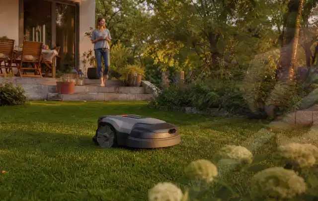 Mähroboter fährt am Abend über einen Rasen im Familiengarten; Thema Mähroboter Garagen, Schwerpunkt Nachhaltigkeit; Ergebnis.