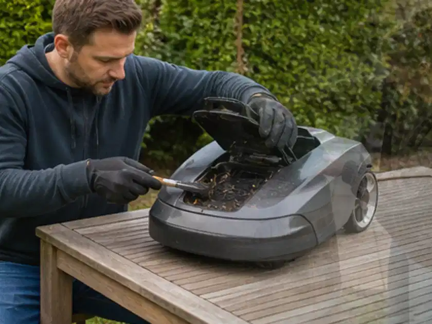 Person wartet einen geöffneten Mähroboter auf einem stabilen Gartentisch; Thema Mähroboter Garagen, Schwerpunkt Reinigung; Titelbild.