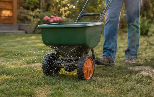 Person verteilt Rasensamen mit einem Streuwagen auf einer lückigen Fläche; Thema Mähroboter Garagen, Schwerpunkt Systemvergleich; Umsetzung.