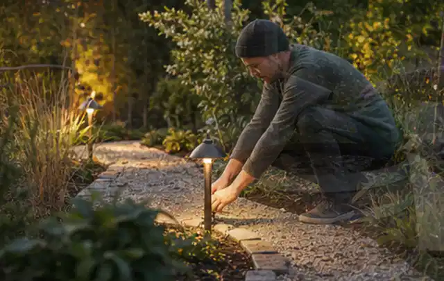 Person richtet eine niedrige warm leuchtende Gartenlampe am Kiesweg aus; Thema Mähroboter Garagen, Schwerpunkt Systemvergleich; Kontrolle.