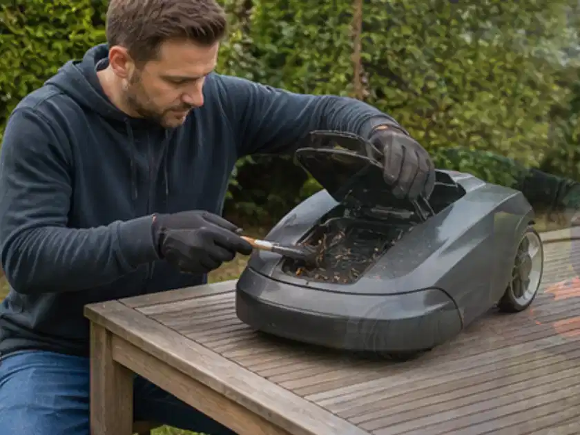 Person wartet einen geöffneten Mähroboter auf einem stabilen Gartentisch; Thema Mähroboter Garagen, Schwerpunkt Testkriterien; Titelbild.