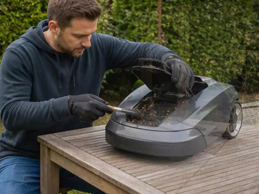 Person wartet einen geöffneten Mähroboter auf einem stabilen Gartentisch; Thema Mähroboter Garagen, Schwerpunkt Vergleich; Titelbild.