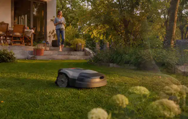 Mähroboter fährt am Abend über einen Rasen im Familiengarten; Thema Mähroboter Garagen, Schwerpunkt Wartung; Praxisalltag.