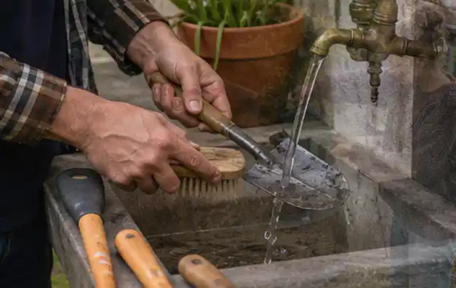 Hände reinigen gebrauchte Gartengeräte mit Bürste und Wasser am Außenbecken; Thema Mähroboter Garagen, Schwerpunkt Winterlager; Praxisalltag.