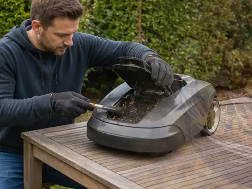Person wartet einen geöffneten Mähroboter auf einem stabilen Gartentisch; Thema Mähroboter Installation, Schwerpunkt Checkliste; Titelbild.