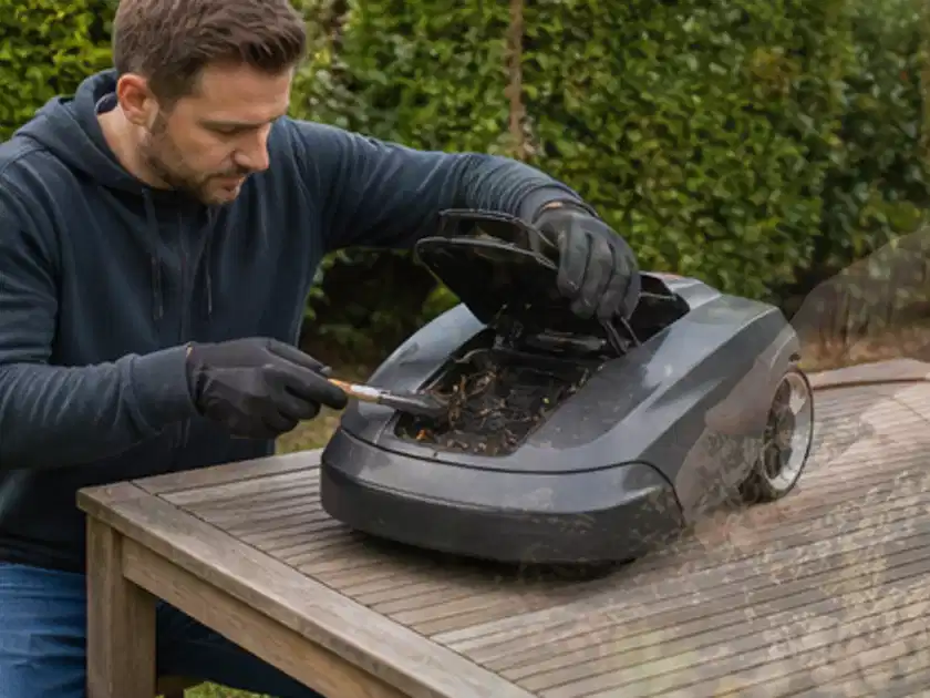 Person wartet einen geöffneten Mähroboter auf einem stabilen Gartentisch; Thema Mähroboter Installation, Schwerpunkt Fehlerhilfe; Titelbild.
