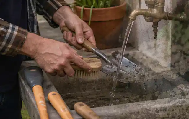Hände reinigen gebrauchte Gartengeräte mit Bürste und Wasser am Außenbecken; Thema Mähroboter Installation, Schwerpunkt Fehlerhilfe; Ausgangslage.