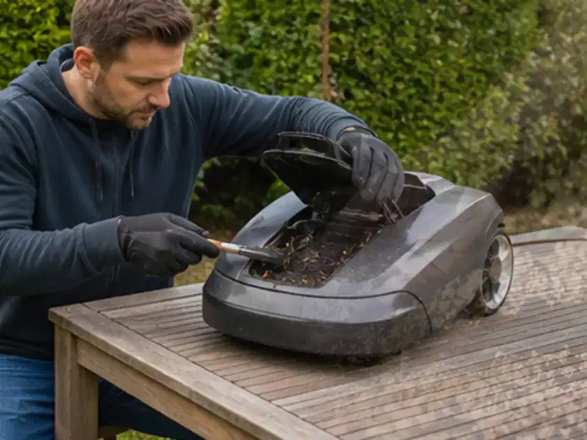 Person wartet einen geöffneten Mähroboter auf einem stabilen Gartentisch; Thema Mähroboter Installation, Schwerpunkt Gärten mit großer Fläche; Titelbild.