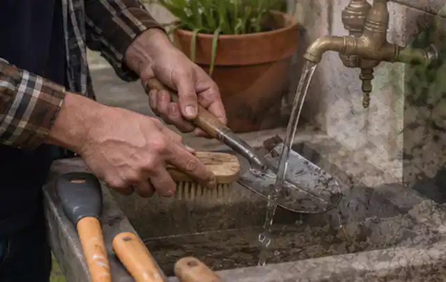 Hände reinigen gebrauchte Gartengeräte mit Bürste und Wasser am Außenbecken; Thema Mähroboter Installation, Schwerpunkt Gärten mit großer Fläche;…