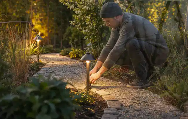 Person richtet eine niedrige warm leuchtende Gartenlampe am Kiesweg aus; Thema Mähroboter Installation, Schwerpunkt Gärten mit großer Fläche; Umsetzung.