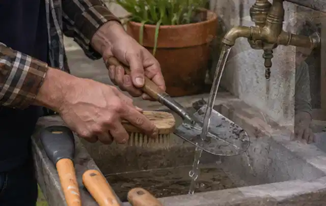 Hände reinigen gebrauchte Gartengeräte mit Bürste und Wasser am Außenbecken; Thema Mähroboter Installation, Schwerpunkt Gärten mit kleiner Fläche;…