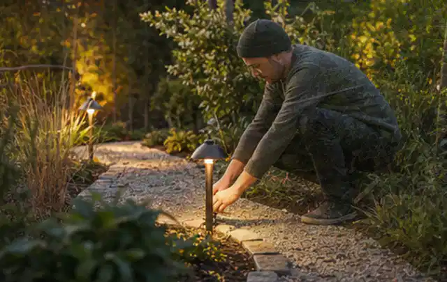 Person richtet eine niedrige warm leuchtende Gartenlampe am Kiesweg aus; Thema Mähroboter Installation, Schwerpunkt Gärten mit kleiner Fläche;…