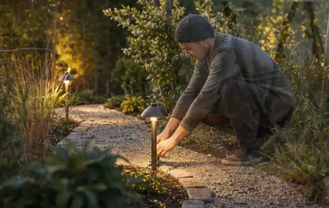 Person richtet eine niedrige warm leuchtende Gartenlampe am Kiesweg aus; Thema Mähroboter Installation, Schwerpunkt Kosten; Ausgangslage.