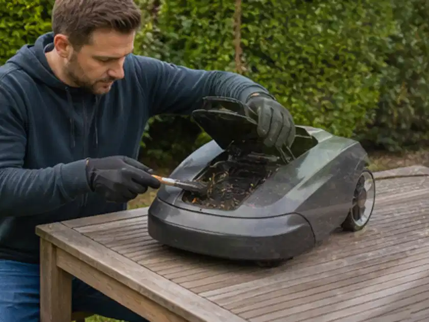 Person wartet einen geöffneten Mähroboter auf einem stabilen Gartentisch; Thema Mähroboter Installation, Schwerpunkt Systemvergleich; Titelbild.