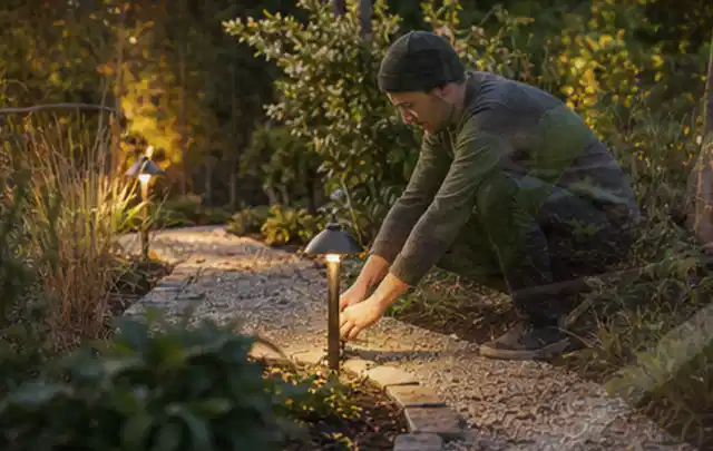 Person richtet eine niedrige warm leuchtende Gartenlampe am Kiesweg aus; Thema Mähroboter Messer, Schwerpunkt Bestenliste; Umsetzung.