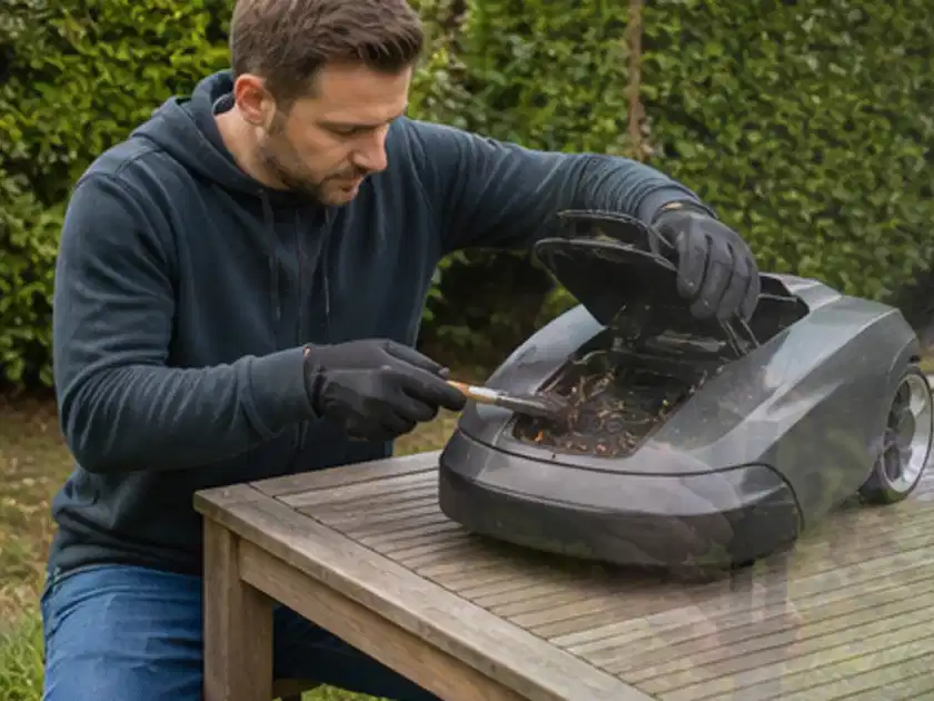 Person wartet einen geöffneten Mähroboter auf einem stabilen Gartentisch; Thema Mähroboter Messer, Schwerpunkt Checkliste; Titelbild.