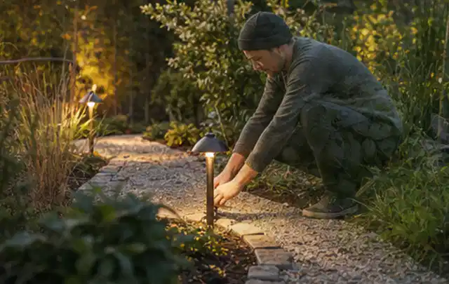 Person richtet eine niedrige warm leuchtende Gartenlampe am Kiesweg aus; Thema Mähroboter Messer, Schwerpunkt Checkliste; Ergebnis.