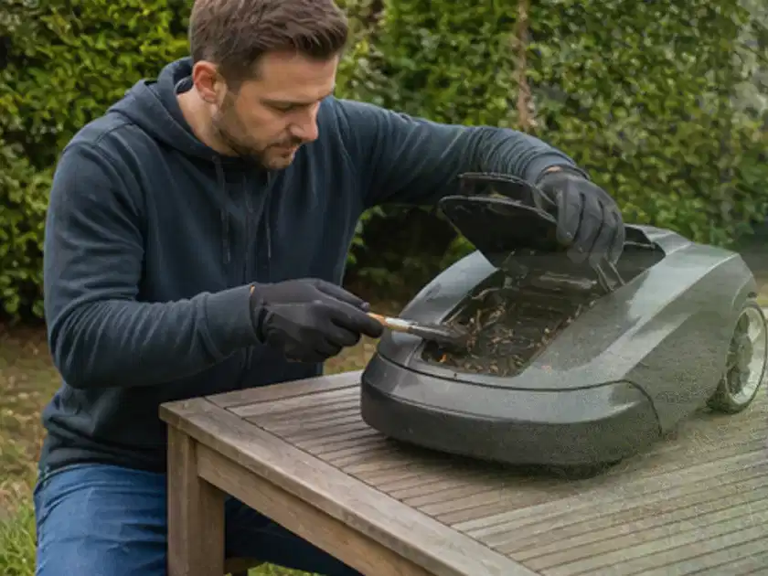 Person wartet einen geöffneten Mähroboter auf einem stabilen Gartentisch; Thema Mähroboter Messer, Schwerpunkt Ersatzteile; Titelbild.