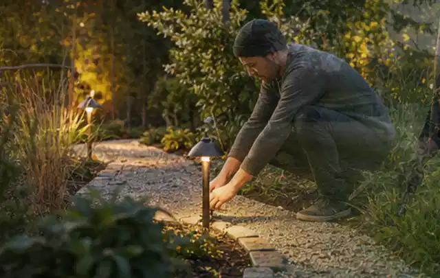 Person richtet eine niedrige warm leuchtende Gartenlampe am Kiesweg aus; Thema Mähroboter Messer, Schwerpunkt Ersatzteile; Ausgangslage.