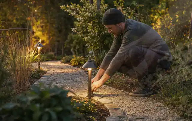 Person richtet eine niedrige warm leuchtende Gartenlampe am Kiesweg aus; Thema Mähroboter Messer, Schwerpunkt Fehlerhilfe; Kontrolle.