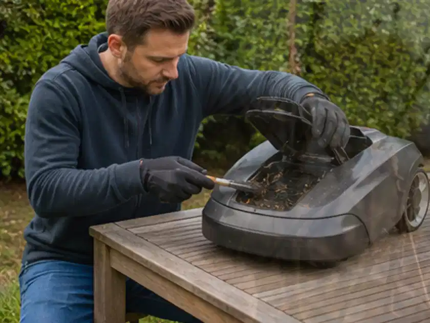 Person wartet einen geöffneten Mähroboter auf einem stabilen Gartentisch; Thema Mähroboter Messer, Schwerpunkt Kaufberatung; Titelbild.
