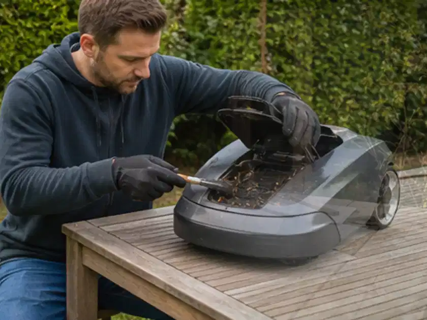 Person wartet einen geöffneten Mähroboter auf einem stabilen Gartentisch; Thema Mähroboter Messer, Schwerpunkt Kosten; Titelbild.