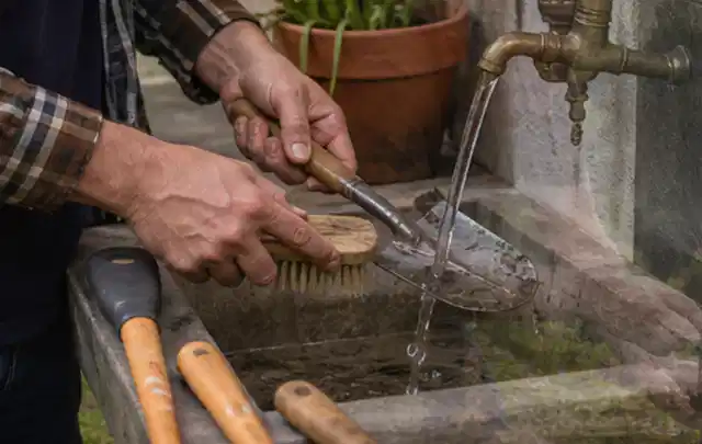 Hände reinigen gebrauchte Gartengeräte mit Bürste und Wasser am Außenbecken; Thema Mähroboter Messer, Schwerpunkt Kosten; Praxisalltag.
