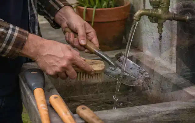 Hände reinigen gebrauchte Gartengeräte mit Bürste und Wasser am Außenbecken; Thema Mähroboter Messer, Schwerpunkt Mähroboter; Kontrolle.