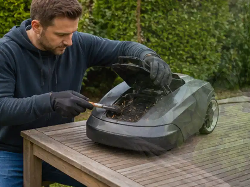 Person wartet einen geöffneten Mähroboter auf einem stabilen Gartentisch; Thema Mähroboter Messer, Schwerpunkt Nachhaltigkeit; Titelbild.