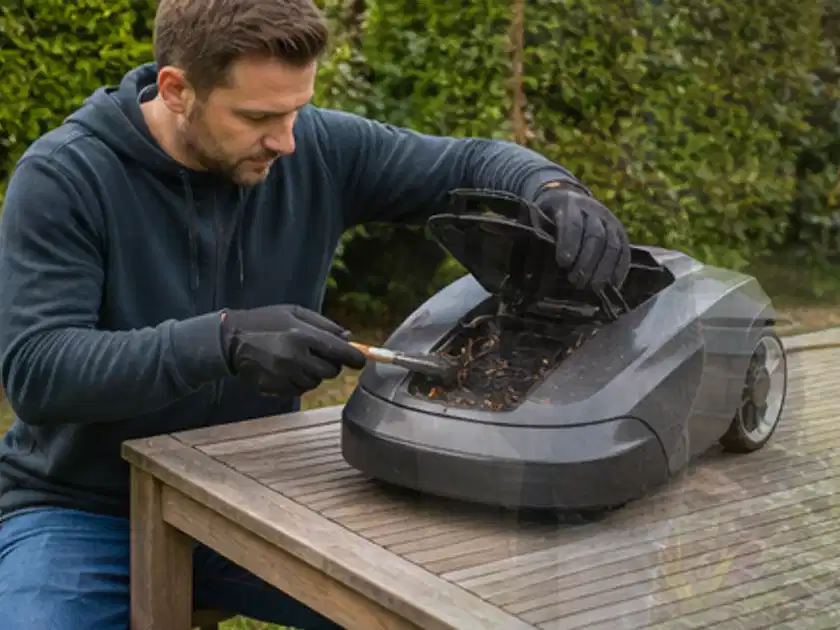 Person wartet einen geöffneten Mähroboter auf einem stabilen Gartentisch; Thema Mähroboter Messer, Schwerpunkt Reinigung; Titelbild.