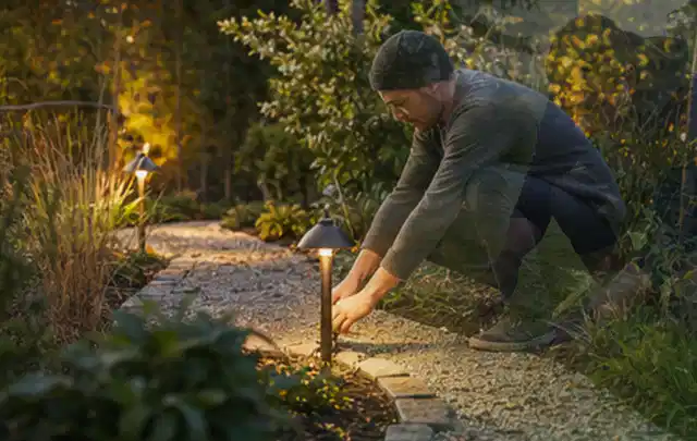 Person richtet eine niedrige warm leuchtende Gartenlampe am Kiesweg aus; Thema Mähroboter Messer, Schwerpunkt Systemvergleich; Ausgangslage.