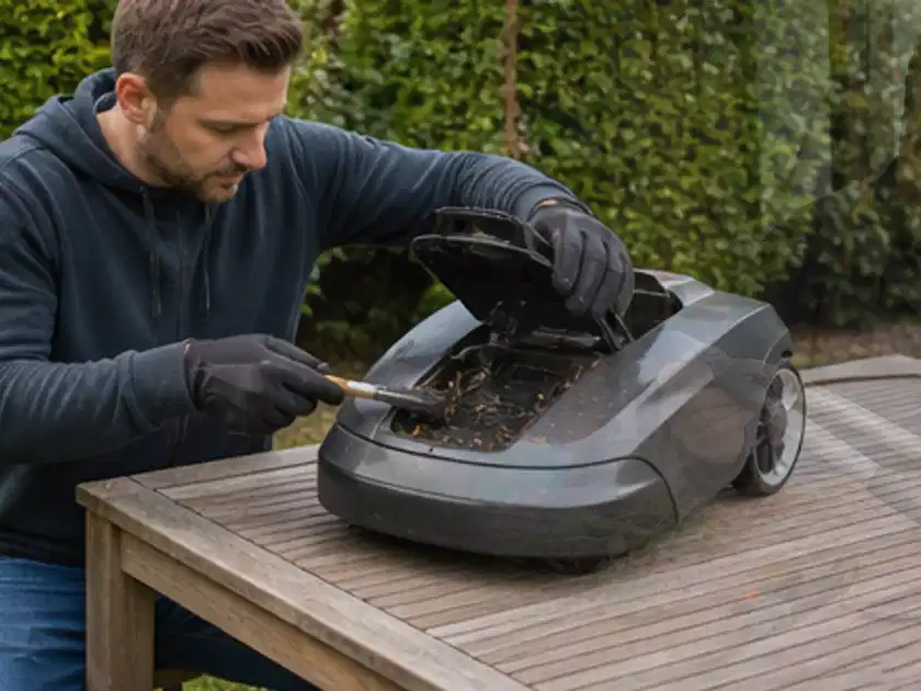 Person wartet einen geöffneten Mähroboter auf einem stabilen Gartentisch; Thema Mähroboter Messer, Schwerpunkt Testkriterien; Titelbild.