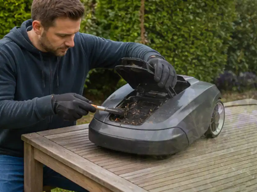 Person wartet einen geöffneten Mähroboter auf einem stabilen Gartentisch; Thema Mähroboter Messer, Schwerpunkt Vergleich; Titelbild.