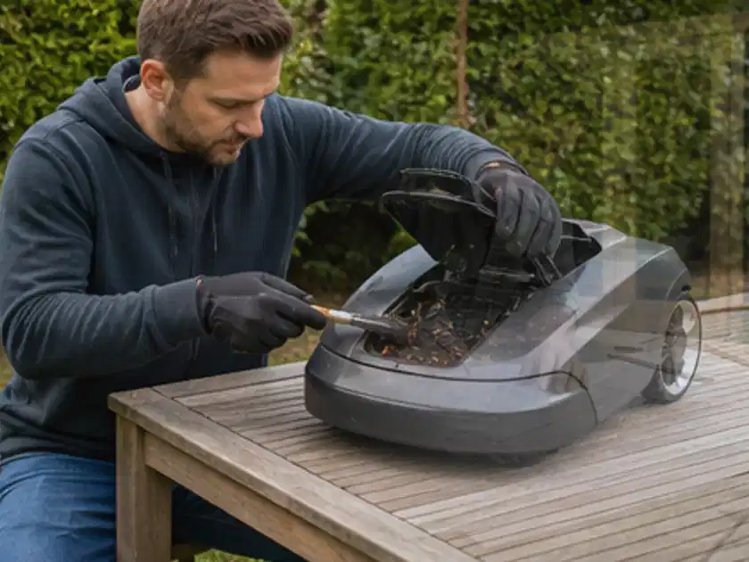 Person wartet einen geöffneten Mähroboter auf einem stabilen Gartentisch; Thema Mähroboter mit GPS, Schwerpunkt Anwendung; Titelbild.