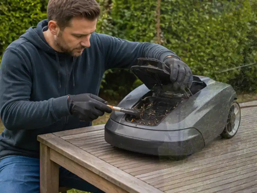 Person wartet einen geöffneten Mähroboter auf einem stabilen Gartentisch; Thema Mähroboter mit GPS, Schwerpunkt Checkliste; Titelbild.