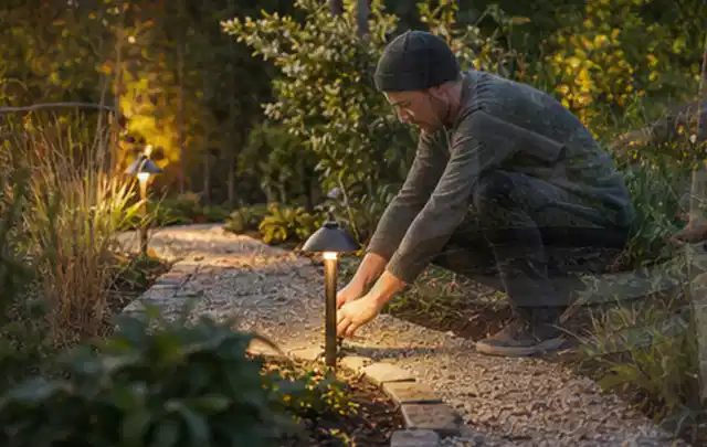 Person richtet eine niedrige warm leuchtende Gartenlampe am Kiesweg aus; Thema Mähroboter mit GPS, Schwerpunkt Checkliste; Kontrolle.