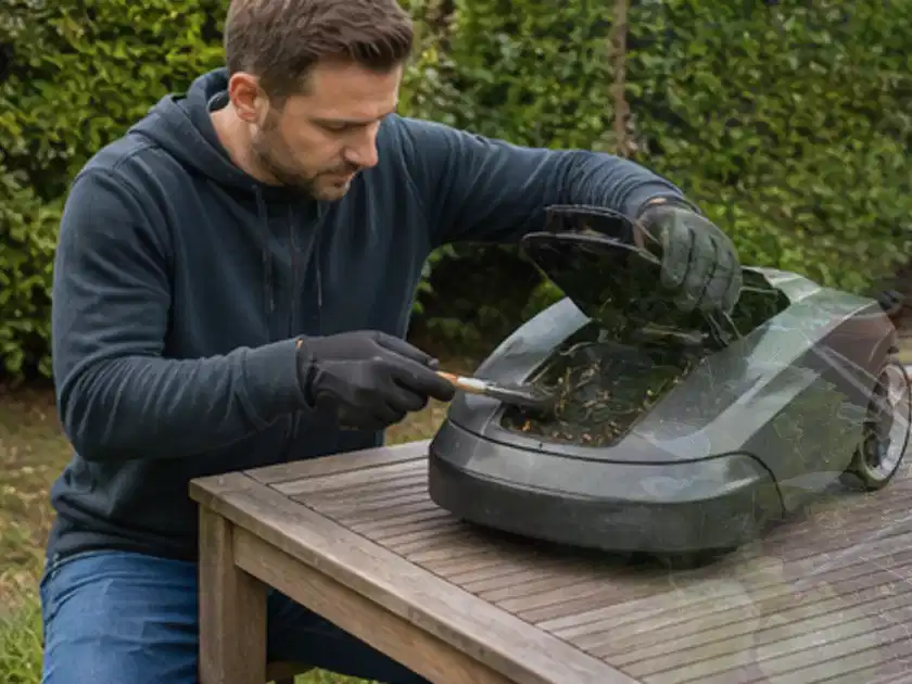 Person wartet einen geöffneten Mähroboter auf einem stabilen Gartentisch; Thema Mähroboter mit GPS, Schwerpunkt Dimensionierung; Titelbild.