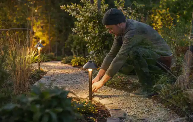 Person richtet eine niedrige warm leuchtende Gartenlampe am Kiesweg aus; Thema Mähroboter mit GPS, Schwerpunkt Fehlerhilfe; Praxisalltag.