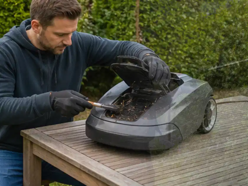 Person wartet einen geöffneten Mähroboter auf einem stabilen Gartentisch; Thema Mähroboter mit GPS, Schwerpunkt Kaufberatung; Titelbild.