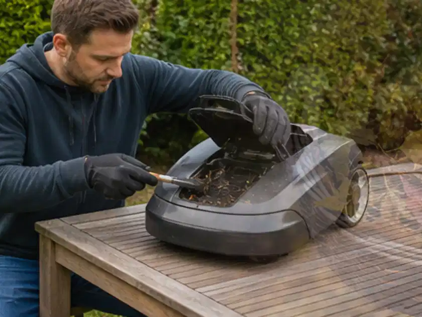 Person wartet einen geöffneten Mähroboter auf einem stabilen Gartentisch; Thema Mähroboter mit GPS, Schwerpunkt Nachhaltigkeit; Titelbild.