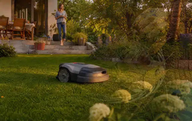 Mähroboter fährt am Abend über einen Rasen im Familiengarten; Thema Mähroboter mit GPS, Schwerpunkt Nachhaltigkeit; Ausgangslage.