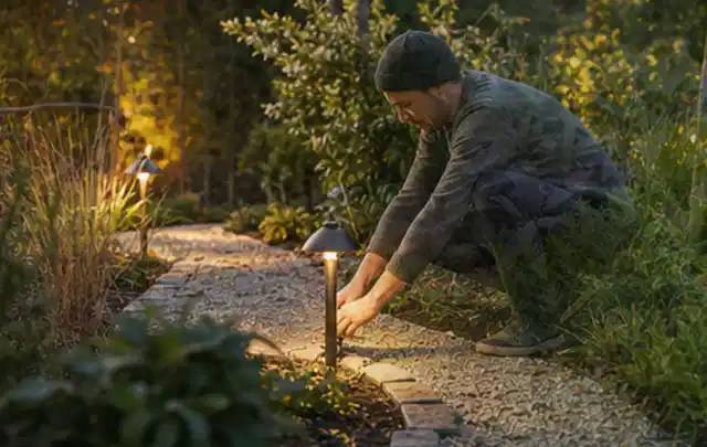 Person richtet eine niedrige warm leuchtende Gartenlampe am Kiesweg aus; Thema Mähroboter mit GPS, Schwerpunkt Reparatur; Kontrolle.
