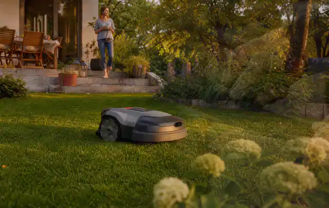 Mähroboter fährt am Abend über einen Rasen im Familiengarten; Thema Mähroboter mit GPS, Schwerpunkt Reparatur; Praxisalltag.